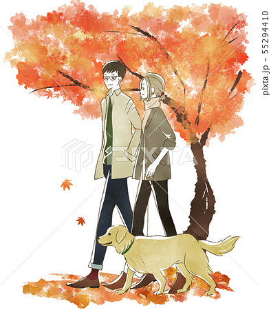 犬の散歩をする夫婦 カップル 秋 紅葉のイラスト素材