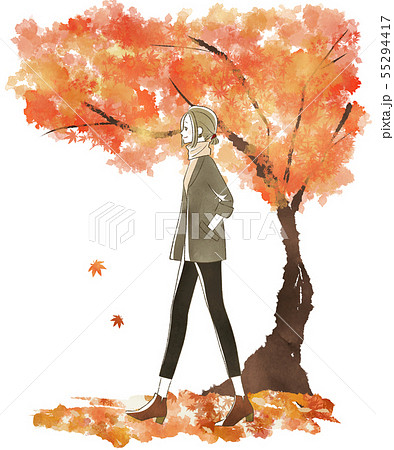 散歩をする女性 秋 紅葉のイラスト素材
