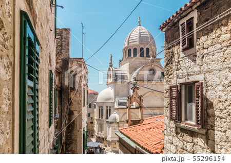 Croatia, city of Sibenik, panoramic view of the old town center and cathedral of St James, most 55296154