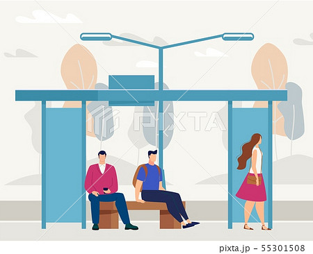 People Waiting Bus On Bus Stop Vector Illustrationのイラスト素材