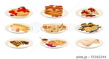 Set of pancakes with different fillings on the plate. Vector illustration on white background. Set of pancakes with different fillings on the plate. Vector illustration on white background. 55302244