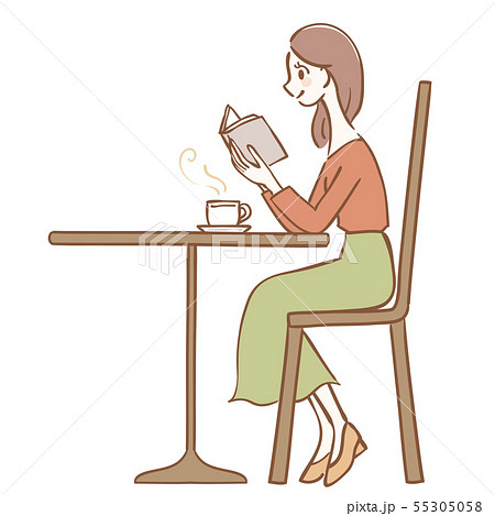 カフェで読書をする女性のイラストのイラスト素材