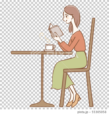 カフェで読書をする女性のイラストのイラスト素材 55305058 Pixta