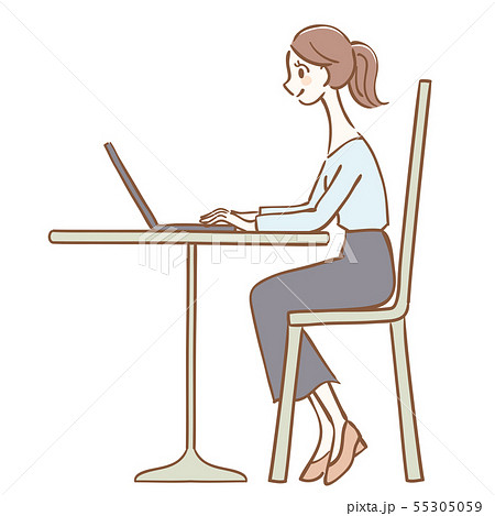 カフェで仕事をする女性のイラスト 55305059