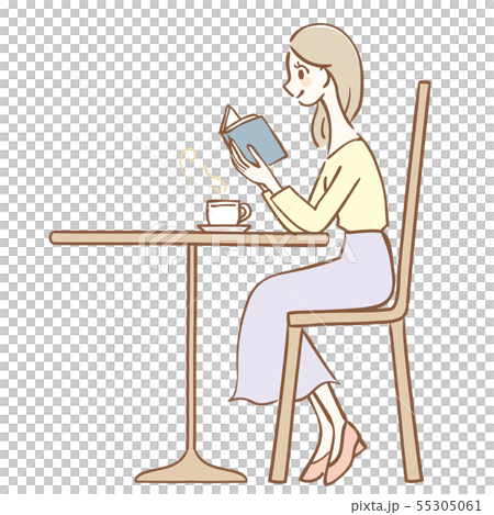 カフェで読書をする女性のイラストのイラスト素材