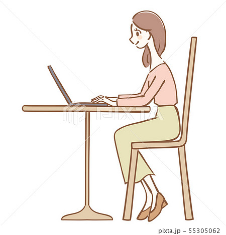 カフェで仕事をする女性のイラスト カフェで仕事をする女性のイラスト 55305062