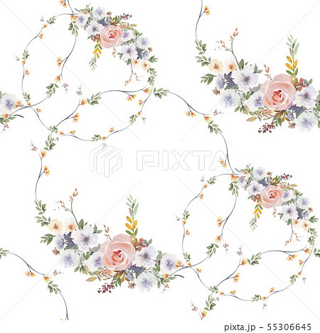 Watercolor painting of leaf and flowers, seamless  55306645