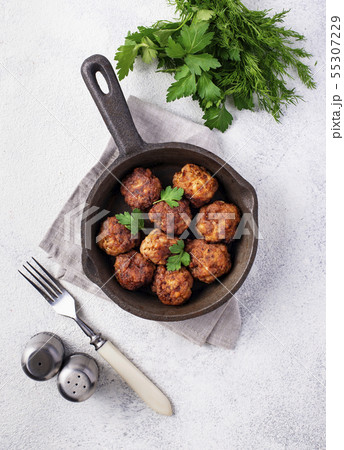 Homemade beef meatballs in frypan Homemade beef meatballs in frypan 55307229