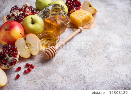 Honey, apple and pomegranate for Rosh Hashana Honey, apple and pomegranate for Rosh Hashana 55308126