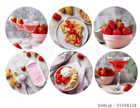 Food collage. Different dishes with strawberry. 55308228
