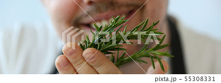 Smiling Chef Holding Green Rosemary Herb Bunch Smiling Chef Holding Green Rosemary Herb Bunch 55308331