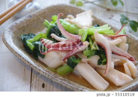 イカと小松菜のバター醤油炒め　イカ　小松菜　家庭料理 55310519