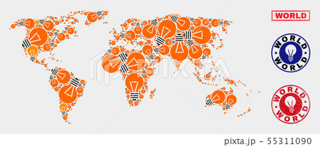 Light Bulb Mosaic World Map and Grunge Seals 55311090