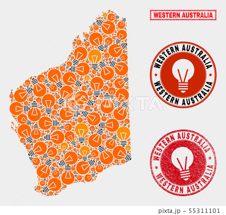 Illumination Bulb Mosaic Western Australia Map and Textured Stamps 55311101
