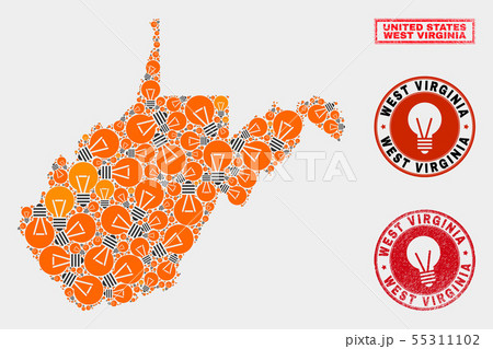 Energy Bulb Collage West Virginia State Map and Scratched Stamps 55311102