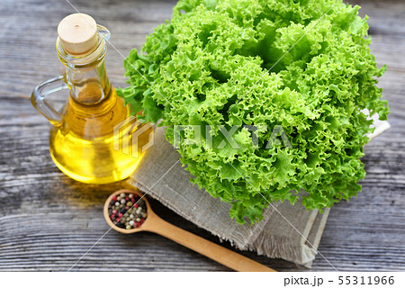 Fresh green lettuce, oil and seasoning Fresh green lettuce, oil and seasoning 55311966