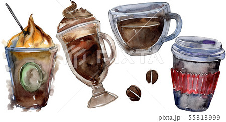 Hot and cold coffee drinks. Watercolor background illustration set. Isolated drinks illustration 55313999