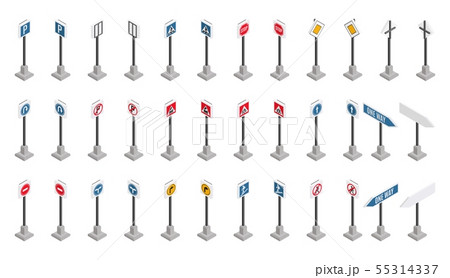 large selection of road signs in isometric style 55314337