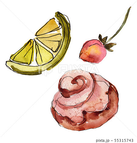 Tasty cake and bun sweet dessert. Watercolor background illustration set. Isolated desserts 55315743