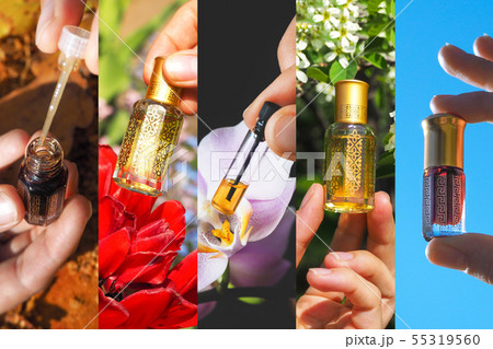 Collage of concentrated perfume in a mini bottles 55319560