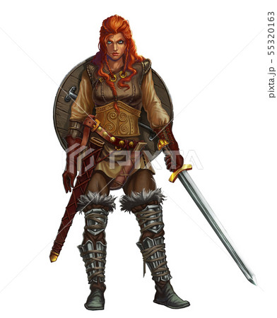 Girl viking fighter with sword and shield. 55320163