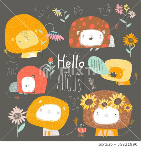 Set Of Cute Lions And Flowers Hello Augustのイラスト素材