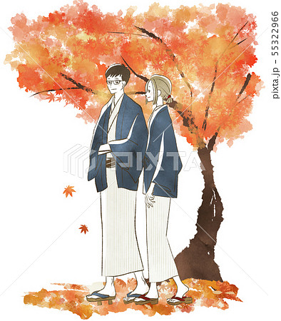 浴衣の夫婦 カップル 旅館 秋 紅葉のイラスト素材