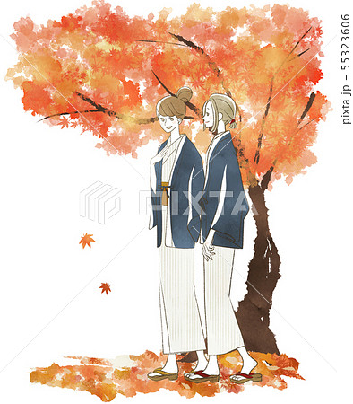 女子旅 浴衣 秋 紅葉のイラスト素材