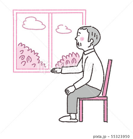 窓から外を見る高齢者 イラスト 認知症 2色のイラスト素材