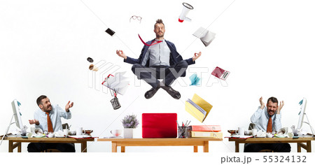 Young office man, creative collage about modern work's problems Young office man, creative collage about modern work's problems 55324132
