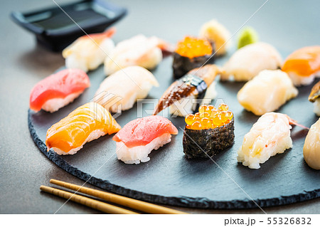Nigiri sushi set with salmon tuna shrimp prawn eel shell and other sashimi Nigiri sushi set with salmon tuna shrimp prawn eel shell and other sashimi 55326832