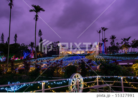 沖縄 冬の東南植物楽園 水上楽園の池 イルミネーションの写真素材