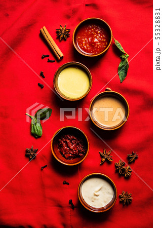 different sauces in the bowls different sauces in the bowls 55328831