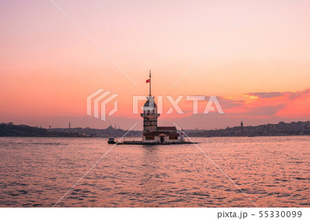 Sunset view of Maiden Tower(Kiz kulesi) in Sunset view of Maiden Tower(Kiz kulesi) in 55330099