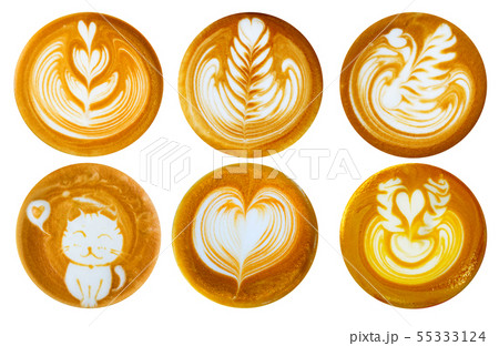 List of latte art shapes isolated on white backgro 55333124