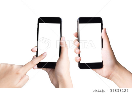 two hands holding and playing smart phones on whit two hands holding and playing smart phones on whit 55333125