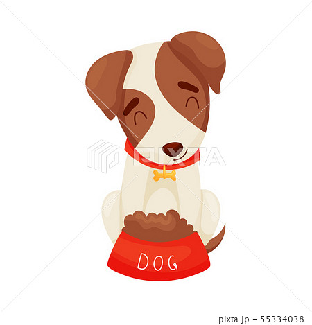 Cute puppy next to a bowl. Vector illustration on white background. 55334038