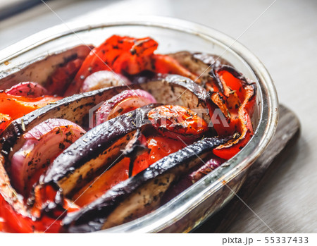 Baked vegetables tomatoes, eggplants, blue onions, 55337433