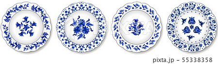 Set Of Blue Porcelain Plates With Floral Pattern のイラスト素材