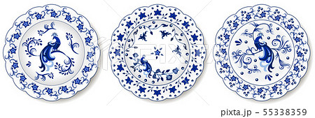 Set Of Blue Porcelain Plates With Floral Pattern のイラスト素材