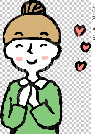 女性 ママ 主婦 上半身 ポーズ 表情 お団子ヘア イラスト 55338530