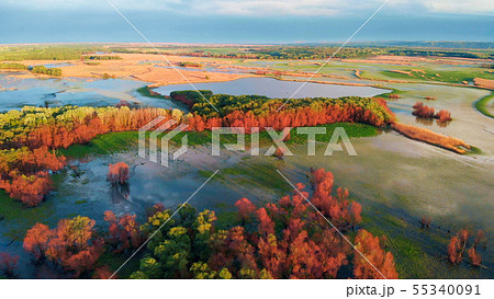 Sunset River Aerial Landscape Cinematic Drone Footage. Flying above Dniestr river in Ukraine or 55340091