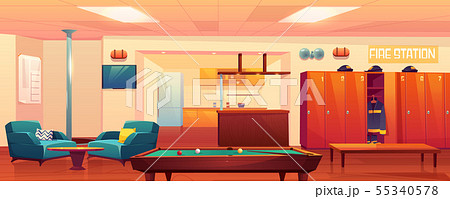 Fire station recreation room, empty interior. 55340578
