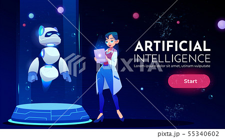 woman scientist in front panda robot neon banner woman scientist in front panda robot neon banner 55340602