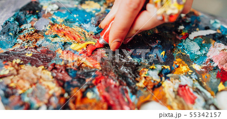 colorful palette lefthanded artist mixing paint colorful palette lefthanded artist mixing paint 55342157