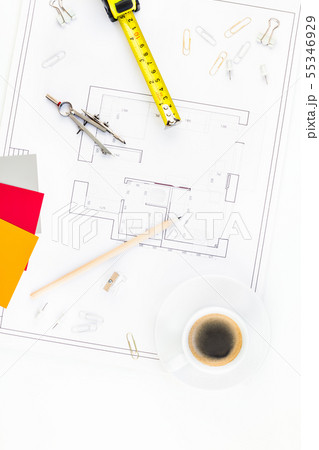 Interior designer table workplace with house plan Interior designer table workplace with house plan 55346929