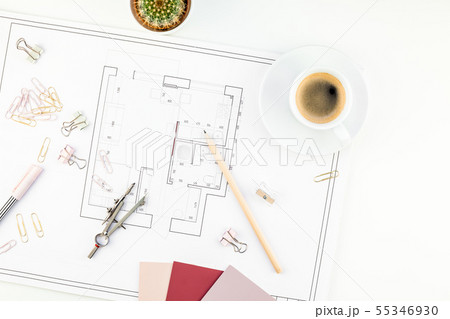Interior designer table workplace with house plan 55346930