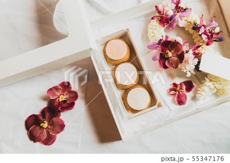 French profiteroles in gift box with flower for ocation. 55347176