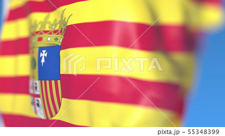 Waving flag of Aragon, an autonomous community in Spain. Close-up, 3D rendering Waving flag of Aragon, an autonomous community in Spain. Close-up, 3D rendering 55348399
