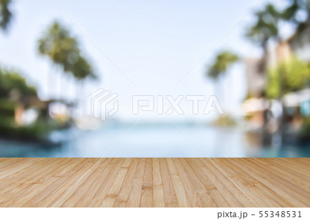 Wood floor with blur summer background tropical Wood floor with blur summer background tropical 55348531
